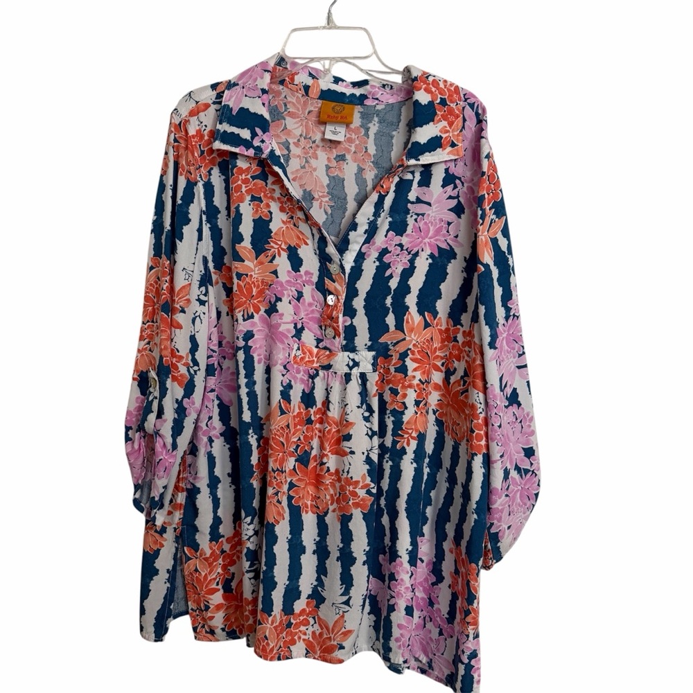 Ruby Rd. Blue, Pink & Orange Floral 3/4 Sleeve Blouse - L